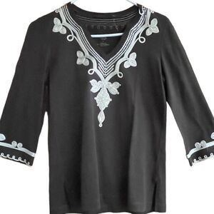 Talbots Brown Cotton Tunic Silver Embroidered Neckline and 3/4 Sleeves Sm Petite